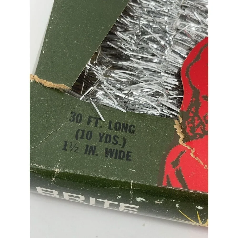 Vintage NOS Brite Star Silver Tinsel Garland 30’ By 1.5” New In Original Box